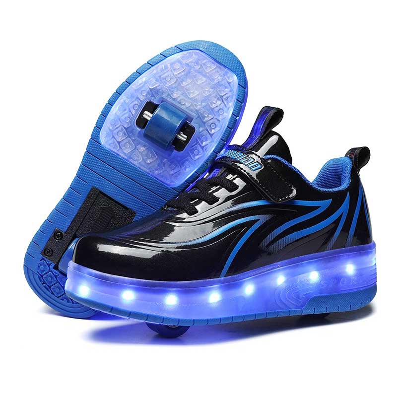 Double Wheel Roller Skate Shoes Light Up Sneakers for Boys Girls-Black Blue