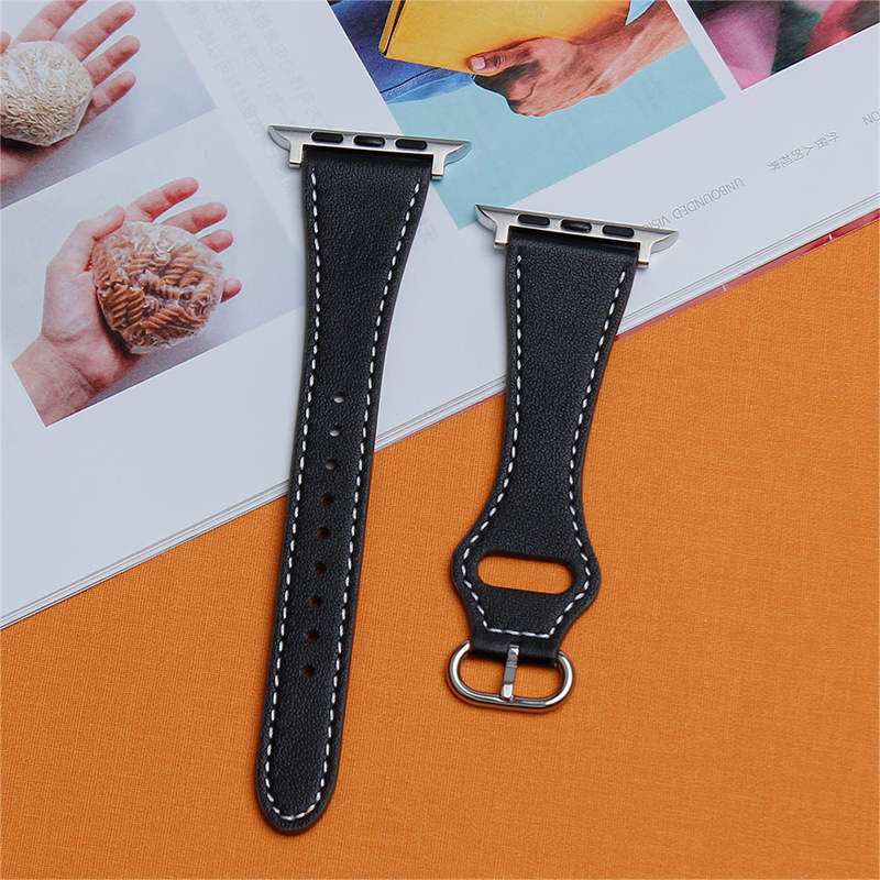 Apple Watch Strap Solid Color Leather for iWatch Series 7/SE/6/5/4/3/2/1-Black