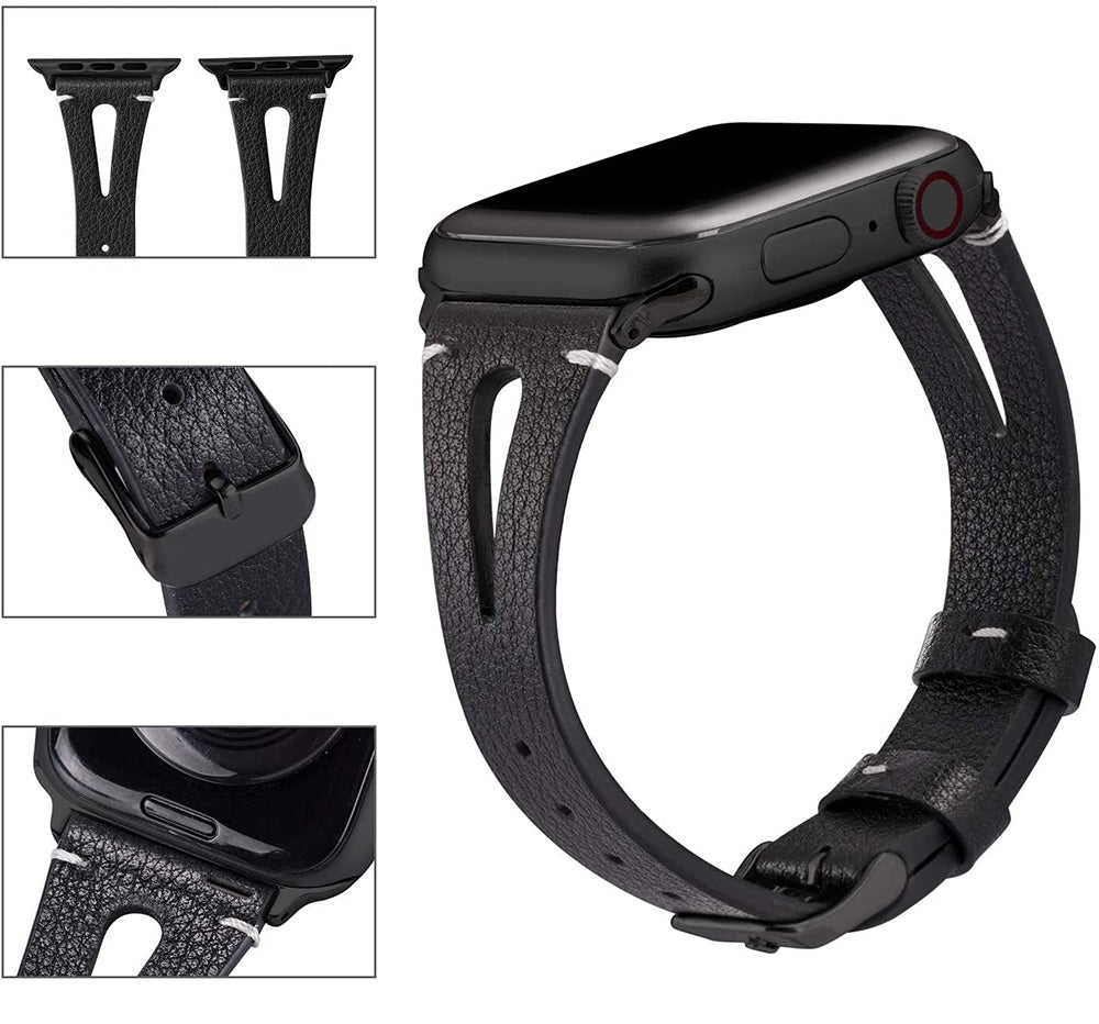 Fashion Triangle Hole Leather Watch Band For Apple Watch SE/6/5/4/3/2/1(Black)