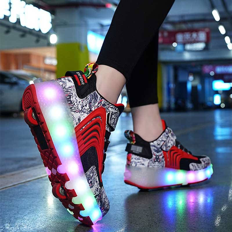 Kids LED Roller Skates Fashion Sneakers with Double Wheel-8088-Black Red