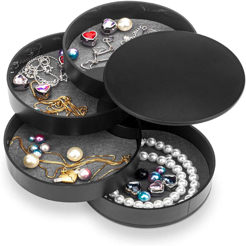 Jewelry Storage Box 4-Layer Rotatable Jewelry Accessory Organizer Tray with Lid for Rings Bracelets -Black