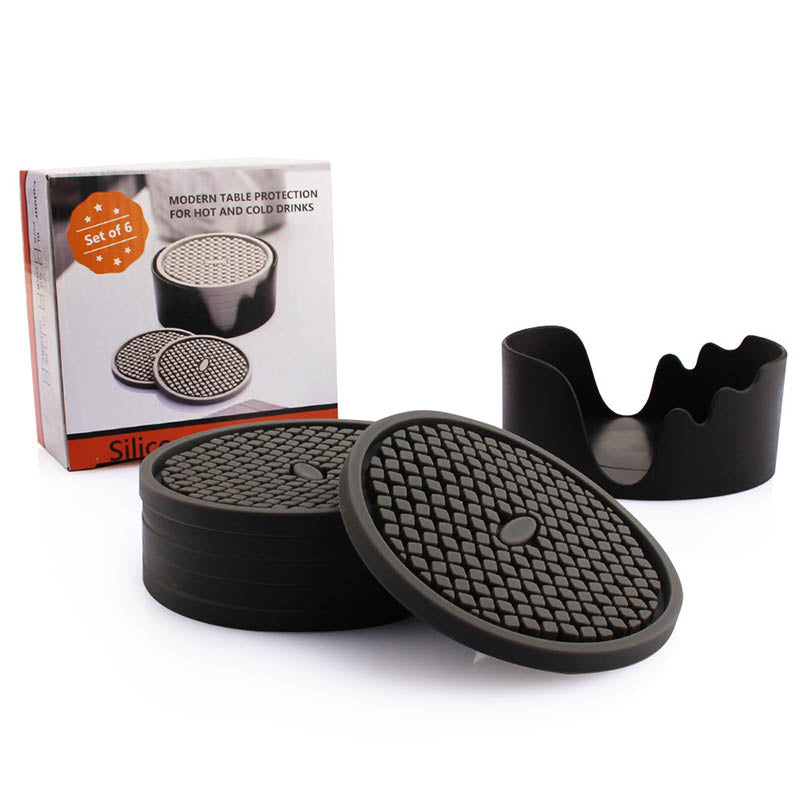 Silicone Drink Coasters Set of 6 in Holder for Drinks Insulation Absorbent Coaster Protect Cup-Black