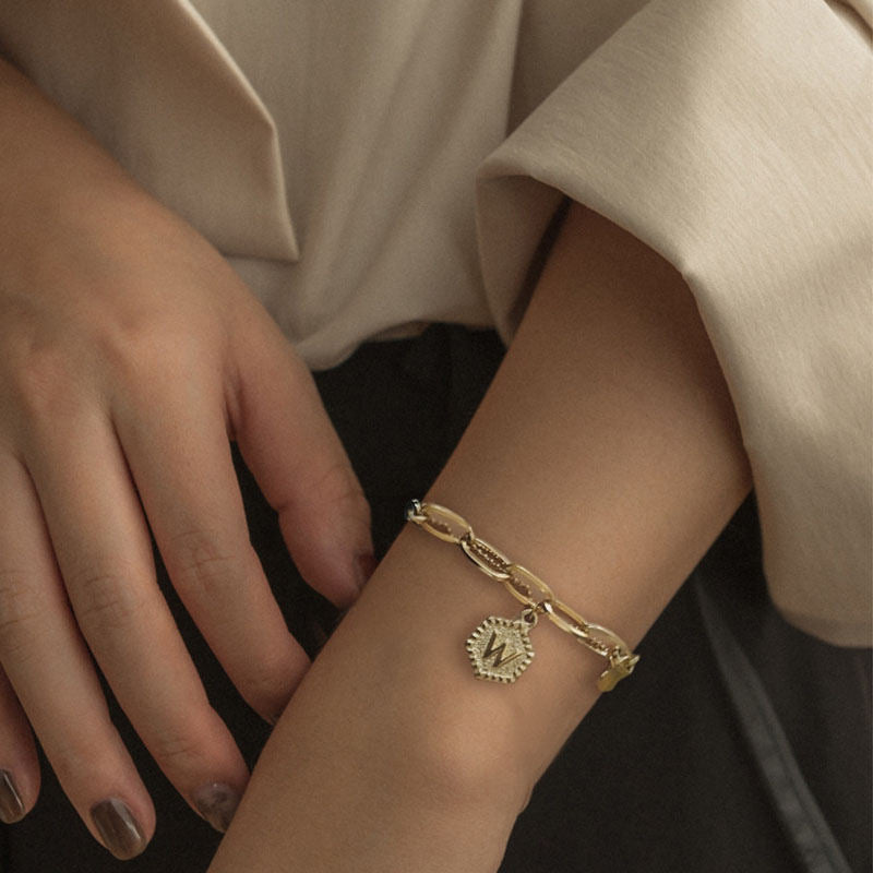 Gold Initial Bracelets for Women Letters Hexagon Pendant Chain-W
