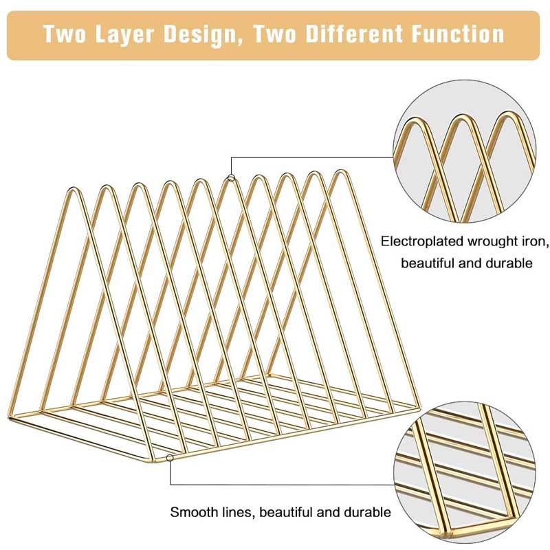 Files Folder Stand Desktop File Organizer Triangle Wire Magazine Holder Book Shelf 9 Slot File Sorter for Indoor Office Home -Gold
