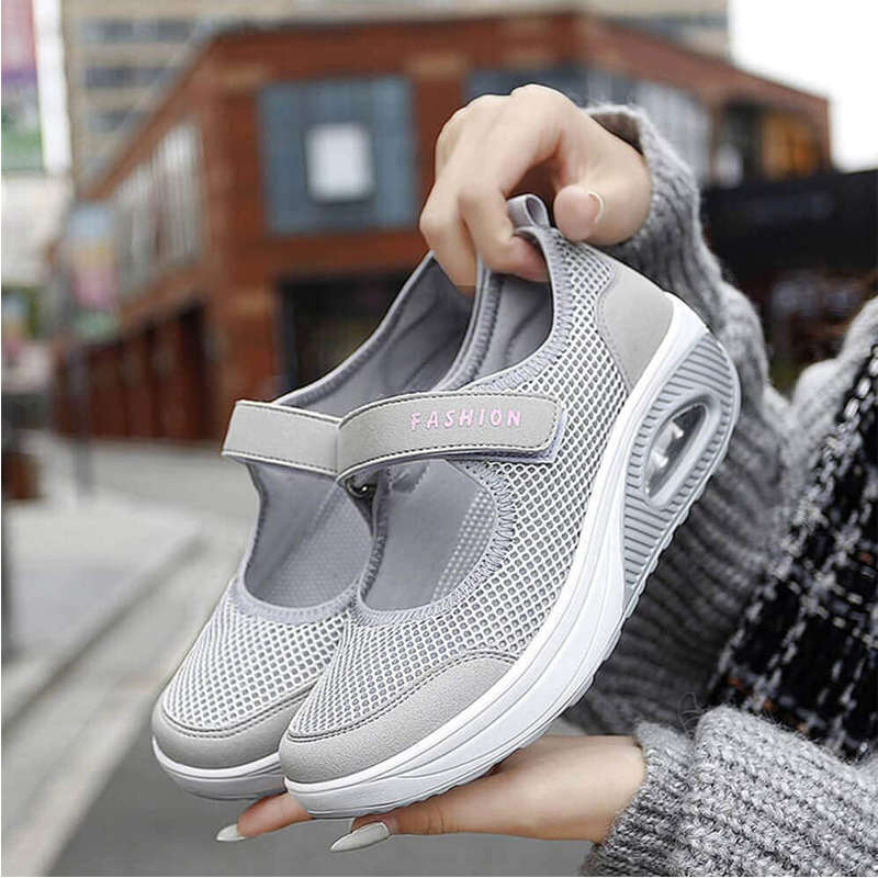 Women Casual Air Cushion Sneakers Velcro Mary Jane Shoes-Gray