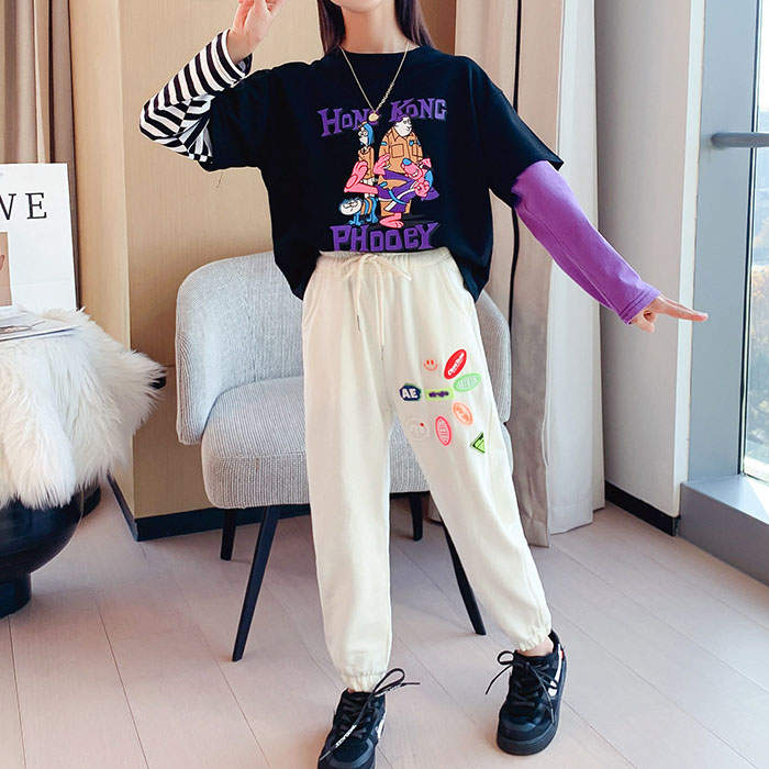 Girls Joggers Long Pants Pockets Outdoor Casual Trousers with Drawstring Icon-Beige