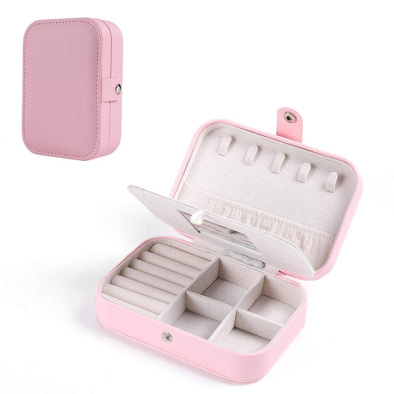 Small Jewelry Box Necklace Ring Double Layer Storage Bag Travel Organizer with Mirror -Pink