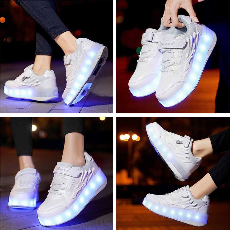Kids Fashion LED Roller Shoes with Double Wheels for Boys Girls-White