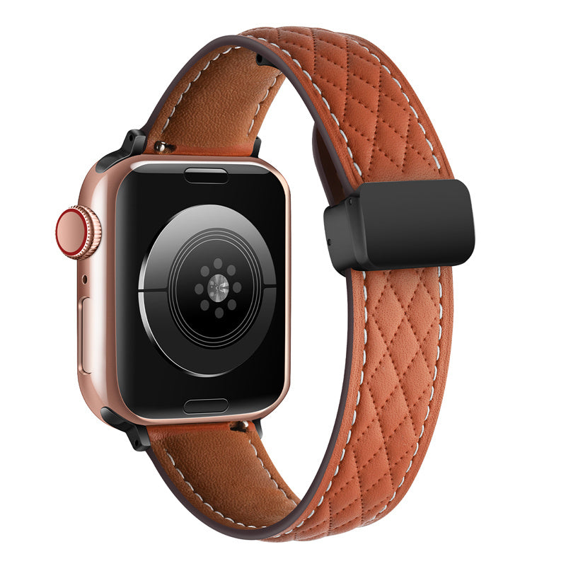 Vintage Leather Band Folding Buckle Replacement Strap for Apple Watch-Brown