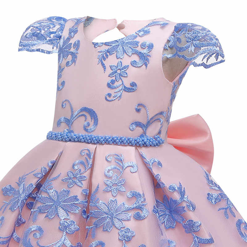 Girl Flower Lace Printed Cotton Elegant Tulle Bow Belt Princess Dress-Pink