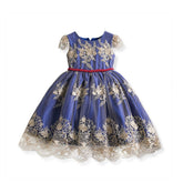 Girl Flower Lace Printed Cotton Elegant Tulle Bow Belt Princess Dress-02Blue