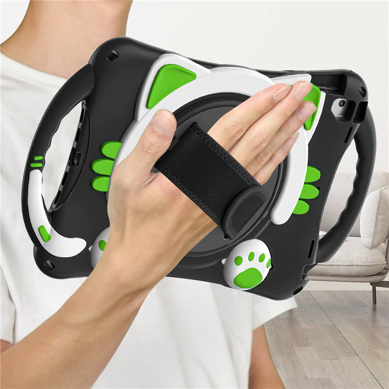 CatA iPad Silicone Case For iPad Pro 9.7 inch Air1/2 Built-in Handle Stand With a Strap-Black Green