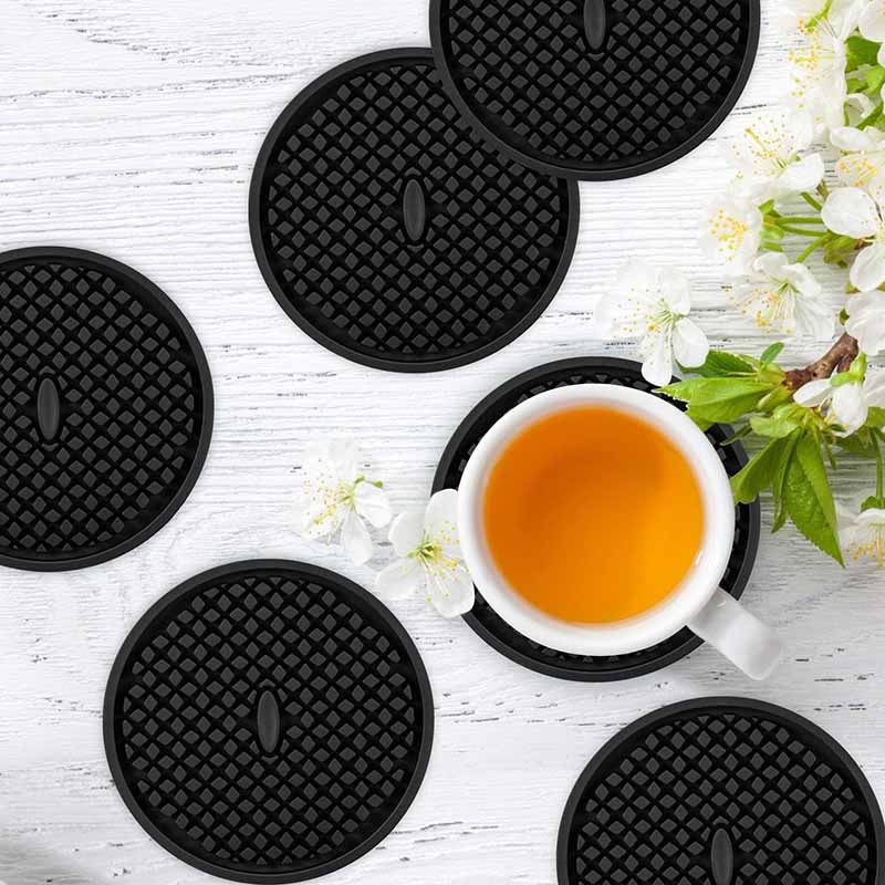 Silicone Drink Coasters Set of 6 in Holder for Drinks Insulation Absorbent Coaster Protect Cup-Black