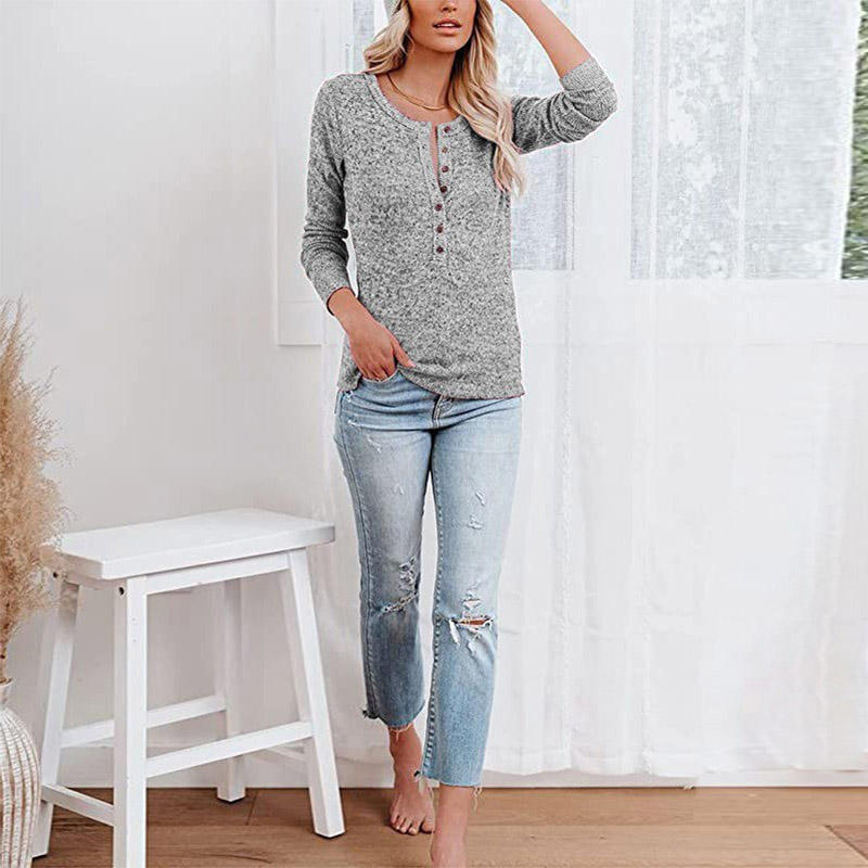 Womens Long Sleeve Tops Pullover with Buttons Down Casual Loose Fit-Grey