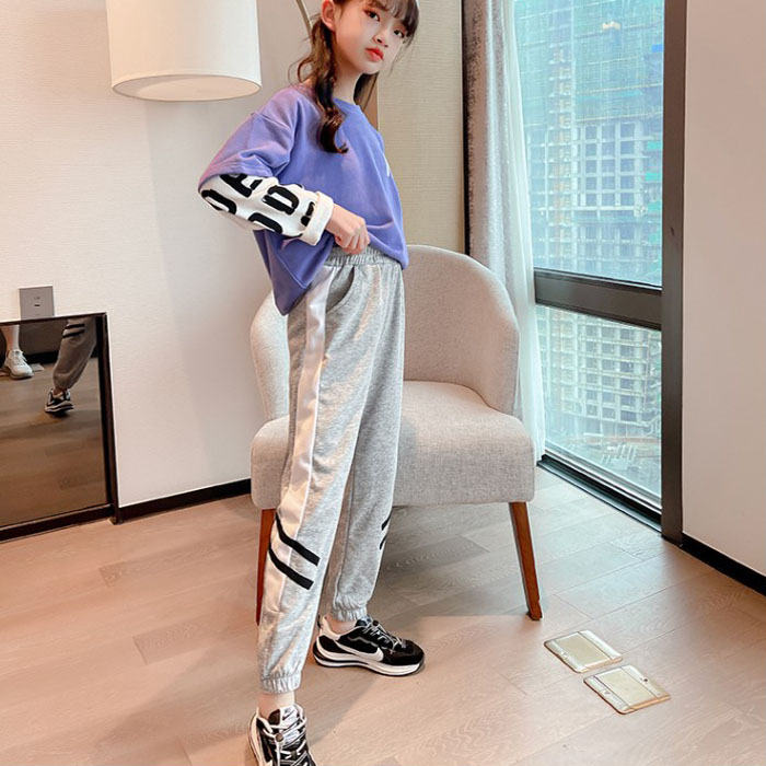 Girls Joggers Long Pants Pockets Outdoor Casual Trousers Two Bars-Gray