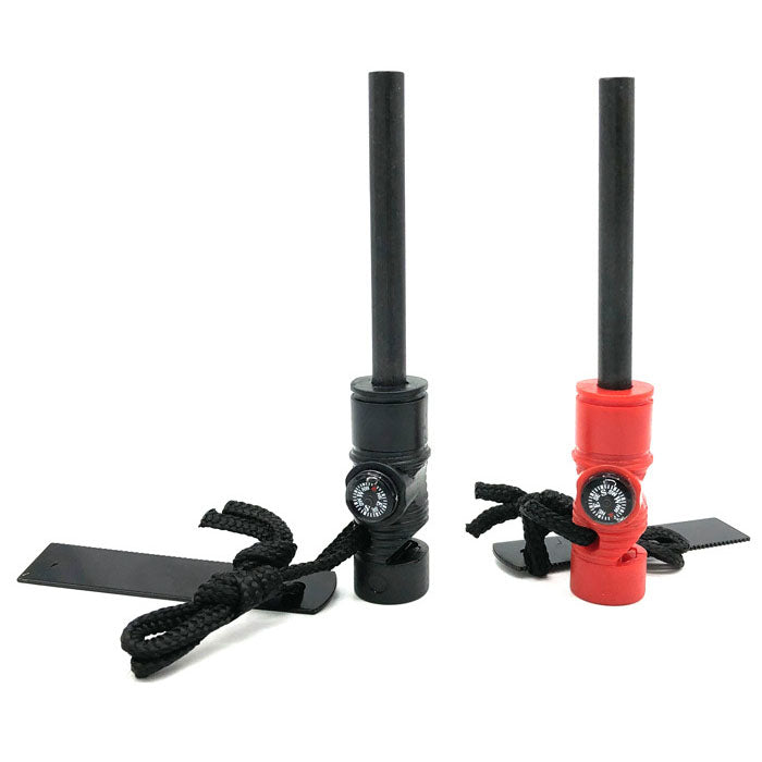 2 Pcs 3-in-1 Survival Multifunction Tool Magnesium Fire Starter Rod Compass & Whistle-Black+Red