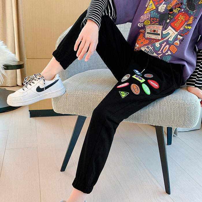 Girls Joggers Long Pants Pockets Outdoor Casual Trousers with Drawstring Icon-Black