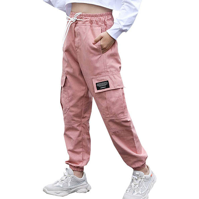 Girls Joggers Long Pants Pockets Outdoor Casual Trousers with Drawstring Multicolor-Pink