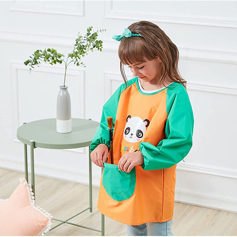 Cartoon Panda Waterproof Long Sleeved Art Apron For Painting-Orange