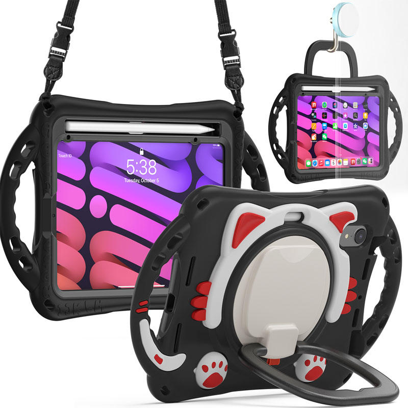 CatB Silicone Case For iPad Mini 6 Shockproof Shoulder Strap Handle Stand-Black Red