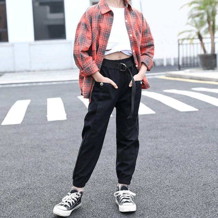 Girls Joggers Long Pants Pockets Outdoor Casual Trousers Buttons-Black