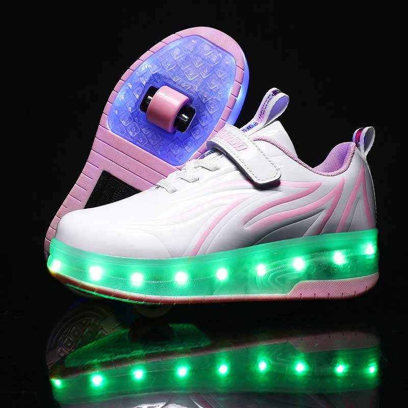 Double Wheel Roller Skate Shoes Light Up Sneakers for Boys Girls-Pink White