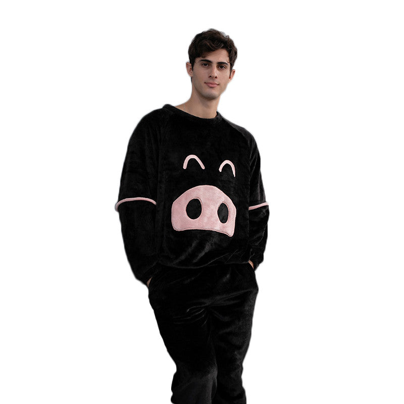 Cartoon Crewneck Pullover Pajamas Set-Black