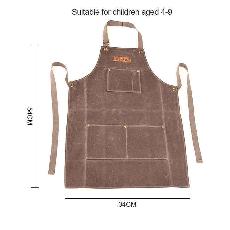 Kids Work Apron Waxed Canvas Tool Safety Smock-Brown