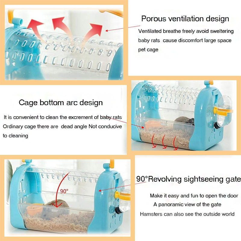 Portable Carrier Hamster Case Cage with Strap and Water Bottle-BeltBlue