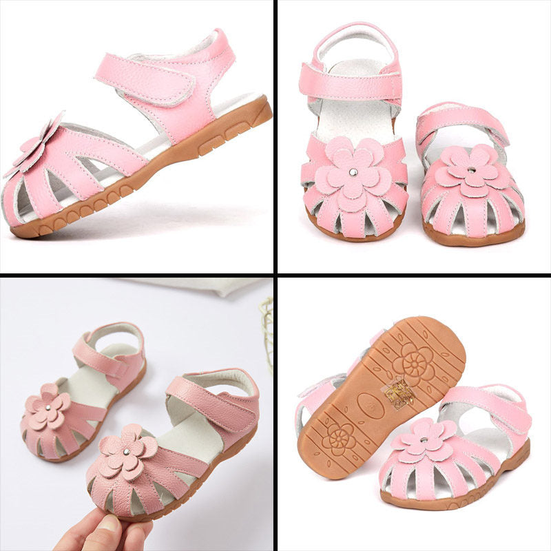 Flat Sandals for Toddler Girls Closed-Toe with Flower Summer Shoes-Pink
