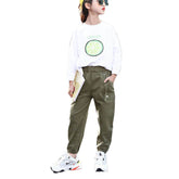 Girls Joggers Long Pants Pockets Outdoor Casual Trousers Iron Ring-ArmyGreen