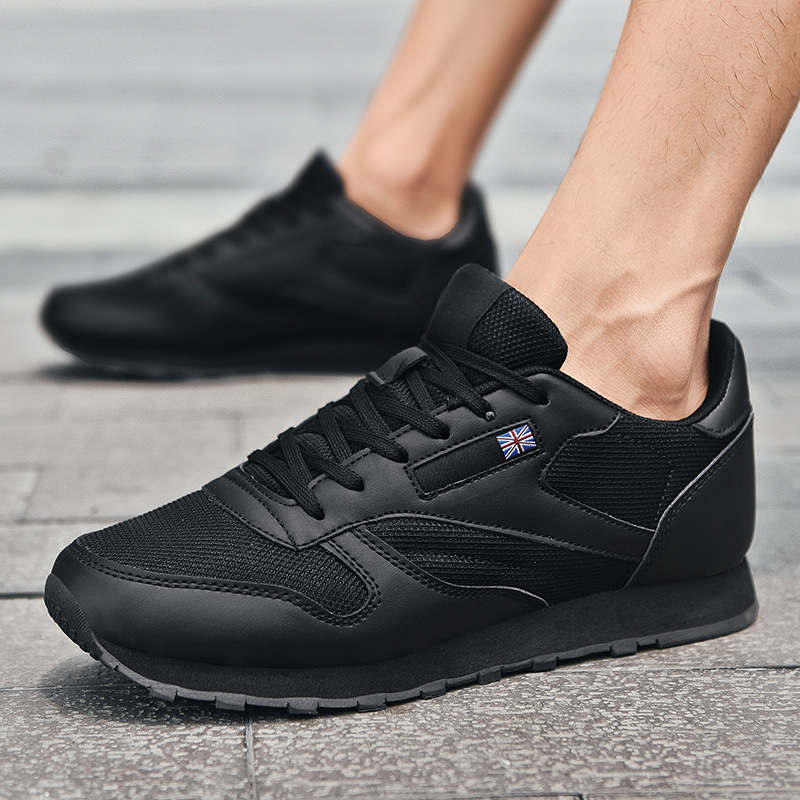 Couples Leather and Mesh Sneakers Lace up Lightweight Cushioned Sport Shoes-Black