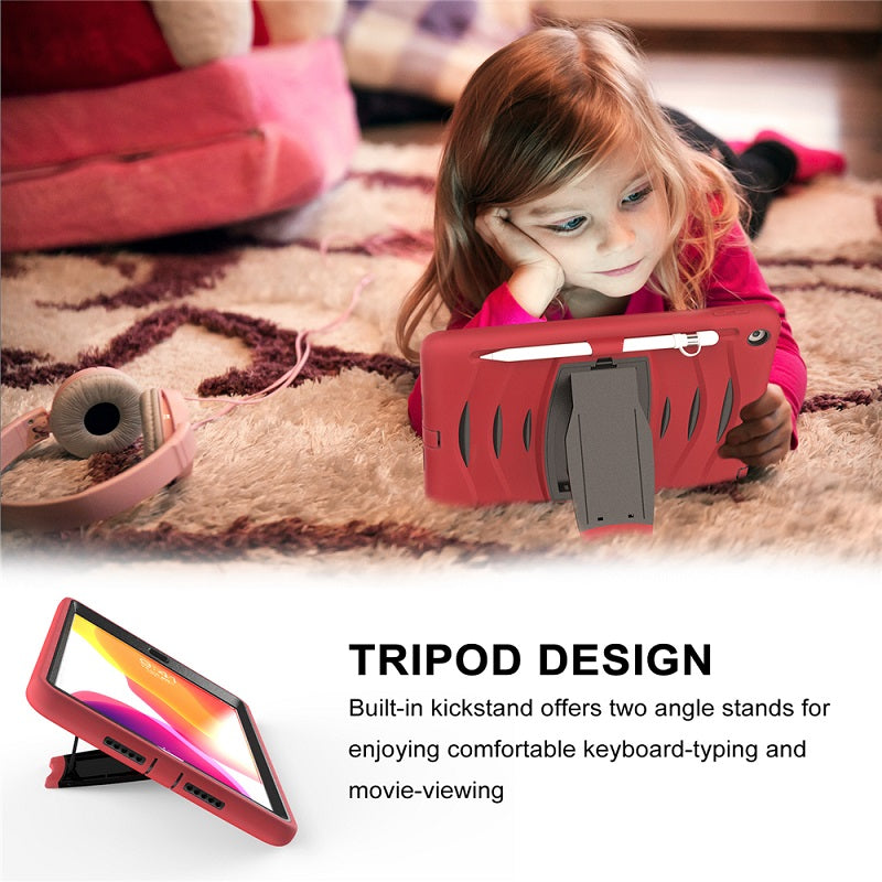 Shock Wave Kickstand Case Anti-Fall Protection With Pencil Holder+Cap For New iPad 7 10.2inch(2019)-Red