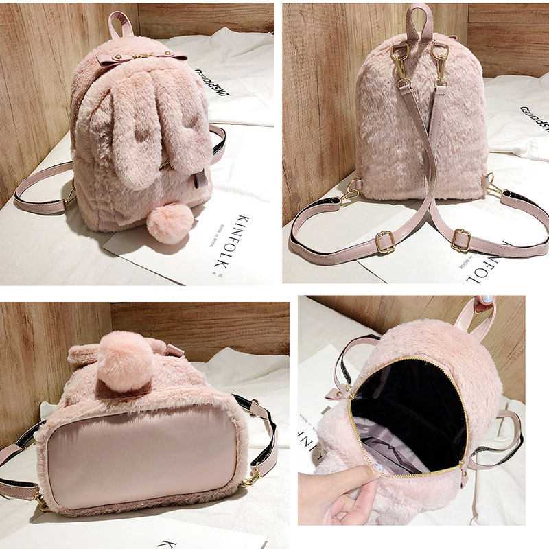Women Cute Rabbit Ears Backpack Fluffy School Bag Satchel-Yellow