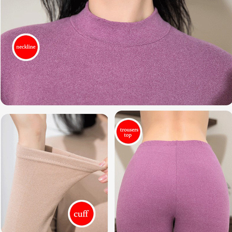Womens Soft Thermal Underwear Set Plush Lined Half Turtleneck-Bean Paste