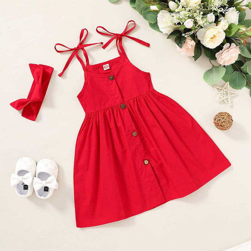 Toddler Baby Girls Summer Strap Button Dress Princess Sundress With Headband-Red