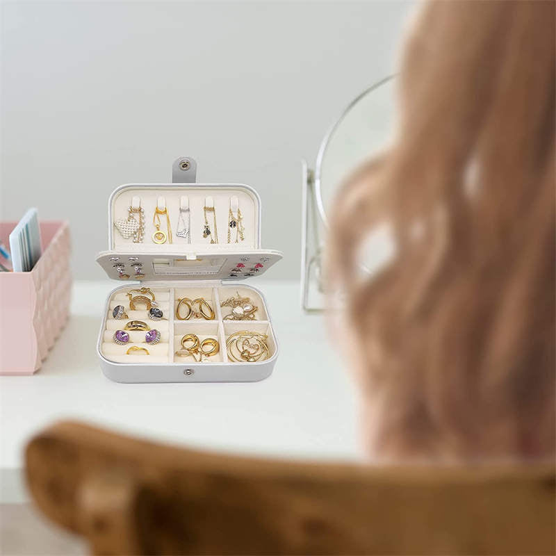 Small Jewelry Box Necklace Ring Double Layer Storage Bag Travel Organizer with Mirror -Black