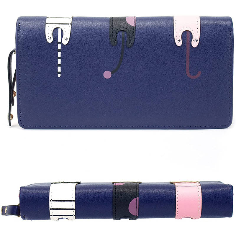 Womens Cute Cat Wallet Bifold Long Coin Purse with Zipper-DarkBlue