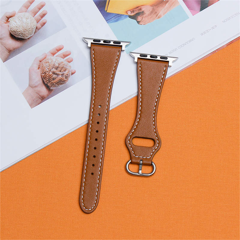 Apple Watch Strap Solid Color Leather for iWatch Series 7/SE/6/5/4/3/2/1-Brown