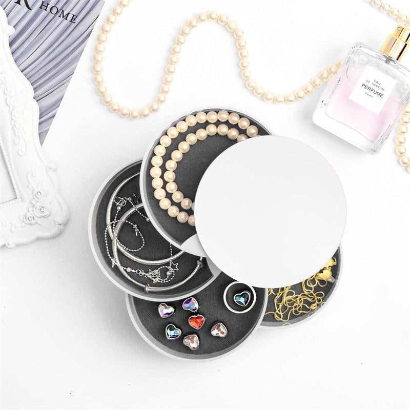 Jewelry Storage Box 4-Layer Rotatable Jewelry Accessory Organizer Tray with Lid for Rings Bracelets -White
