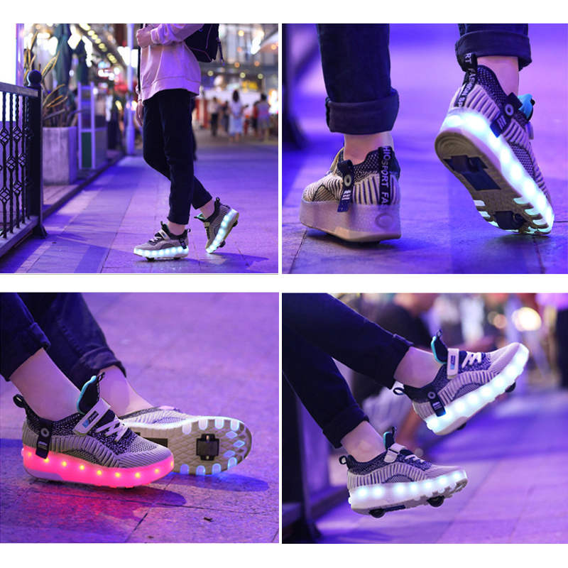 Children Double Wheels Roller Skate Shoes LED Lamp Sneakers-Blue