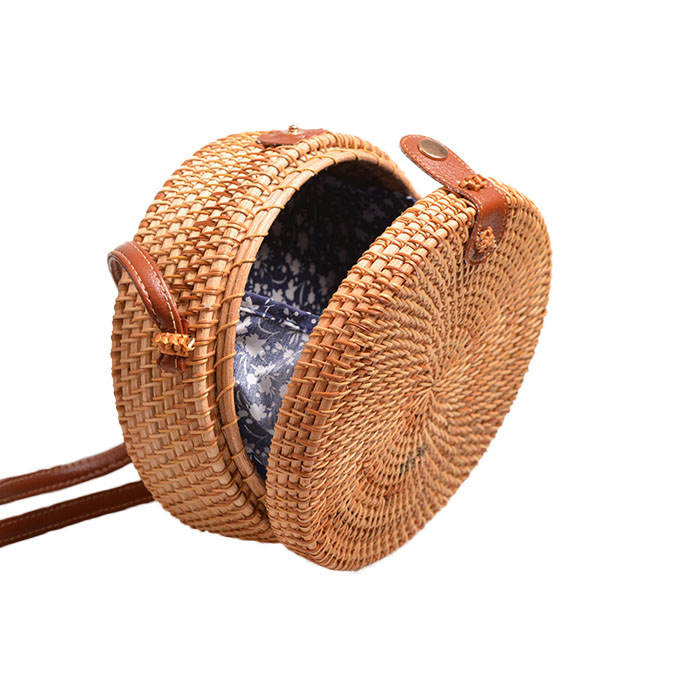 Handwoven Round Rattan Natural Chic Bag Shoulder Leather Straps Summer Beach-Blue Flower