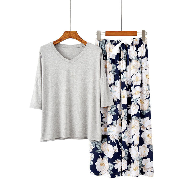 2 Pack Womens Pajama Set Print Sleepwear Soft V-Neck Short Sleeve Top With Pants-7