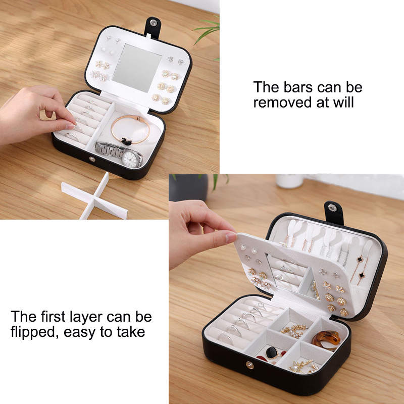 Small Jewelry Box Necklace Ring Double Layer Storage Bag Travel Organizer with Mirror -Black