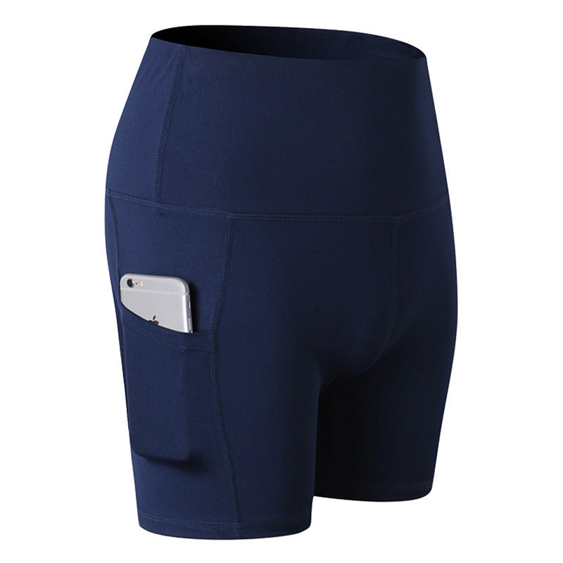 Women Yoga Shorts With Pockets High Waist Running Fitness Leggings Sports Quick Drying Tight Pants 2049-Navy Blue