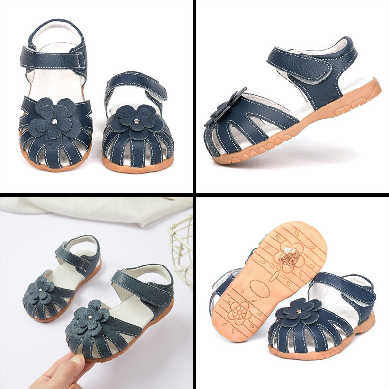 Flat Sandals for Toddler Girls Closed-Toe with Flower Summer Shoes-Blue