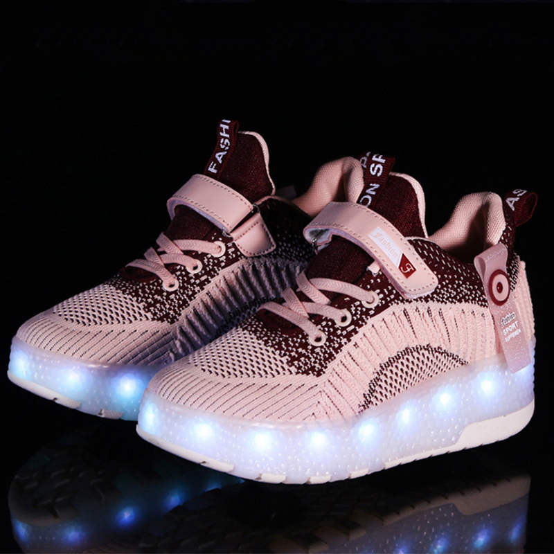 Children Double Wheels Roller Skate Shoes LED Lamp Sneakers-Pink