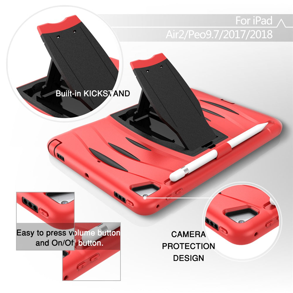 Shock Wave Kickstand Case Anti-Fall Protection With Pencil Holder For 9.7inch iPad 5/iPad 6/iPad Air2/iPad Pro9.7-Red