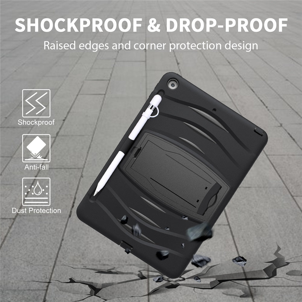 Shock Wave Kickstand Case Anti-Fall Protection With Pencil Holder+Cap For New iPad 7 10.2inch(2019)-Black