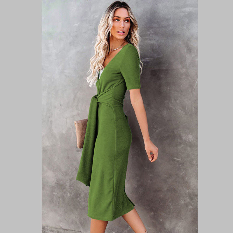 Womens Elastic Cocktail Party Elegant Dress Body Dress With Belt-Green